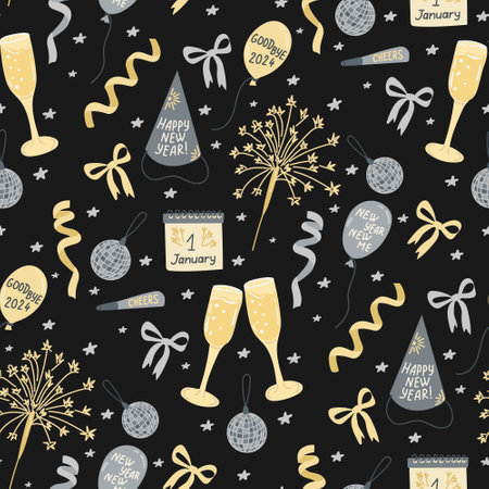 Celebratory New Years Eve seamless pattern with champagne glasses, balloons, sparkles, and festive decorations on dark background, perfect for New Year celebrations. Vector hand drawn illustrationのイラスト素材