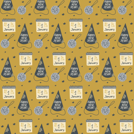 Festive New Years pattern with party hats, calendars marked January 1st, disco balls, and stars on gold background , perfect for New Year celebrations. Vector hand drawn seamless illustrationのイラスト素材