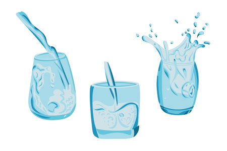 Set of glasses with water splashes in dynamic blue tones. Vector hand drawn illustrations in flat style isolated on white backgroundのイラスト素材