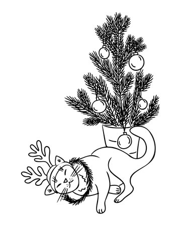 Playful Christmas doodle illustration of cat wearing reindeer antlers and festive wreath, next to decorated pine tree. Vector hand drawn drawing isolated on white background for coloring pagesのイラスト素材
