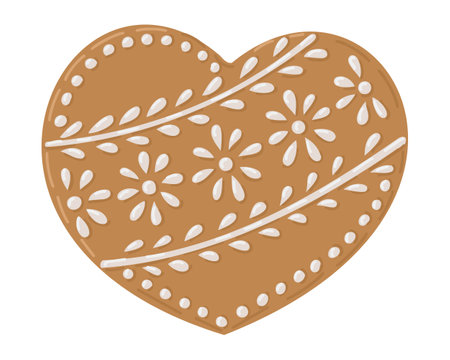 Beautiful heart shaped gingerbread cookie decorated with white icing in floral patterns, creating festive and charming design. Vector hand drawn drawing isolated on white backgroundのイラスト素材