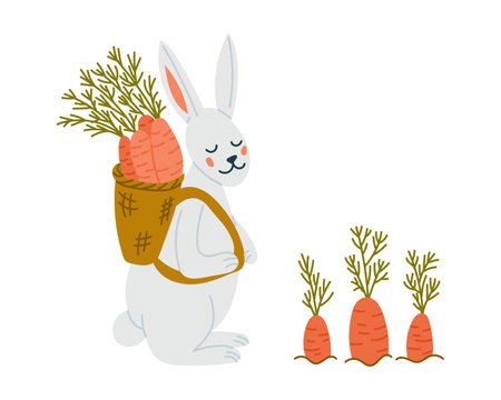 Cute Easter bunny carrying a basket of carrots with fresh harvest in flat cartoon style, perfect for spring, agriculture, and holiday-themed designs. Vector hand drawn illustration on white backgroundのイラスト素材