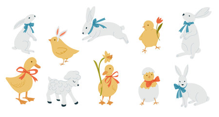 Hand-drawn vector adorable Easter animals, including rabbits, chicks, ducks, and a lamb, all decorated with bows and flowers. Perfect for spring holiday designs, greeting cardsのイラスト素材
