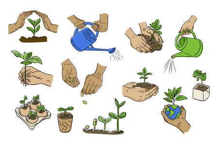Collection of hand drawn illustrations depicting hands planting, watering, and caring for seedlings, symbolizing growth, sustainability, and environmental care. Vector doodle illustration isolatedのイラスト素材