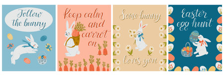 Set of four Easter posters with cute white bunnies with pastel backgrounds, decorative lettering, floral elements, carrots, and Easter eggs. Vector hand drawn illustrationsのイラスト素材