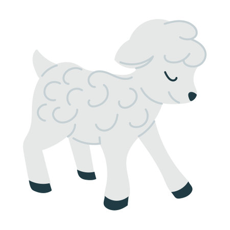 Cute little lamb with curly wool and closed eyes in a gentle hand drawn style. Concept of innocence, springtime and pastoral calm in a minimalist animal illustrationのイラスト素材