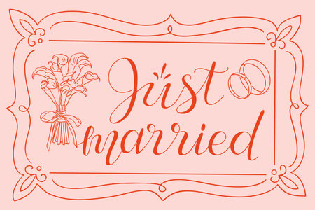 Just married calligraphy with floral bouquet and wedding rings in a decorative frame. Romantic wedding vector expressing celebration, love, and commitmentのイラスト素材