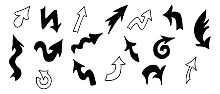 Collection of hand drawn arrows in various shapes and styles with bold and sketchy outlines. Concept...