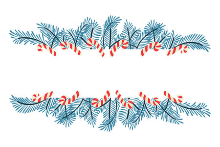 Hand drawn vector illustration of Christmas border with fir branches and candy canes in flat style on white background. Concept of holiday decoration, winter celebration and festive frameのイラスト素材