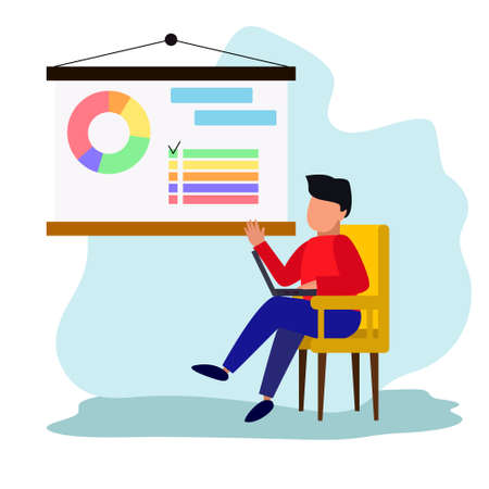 a man makes a presentation. Vector illustration of a presentation and a laptop and graphicsのイラスト素材