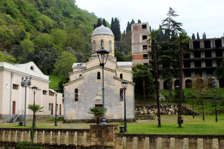 Mountain landscape. The Church with the Golden domes. Beautiful old Church. beautiful ancient temple...