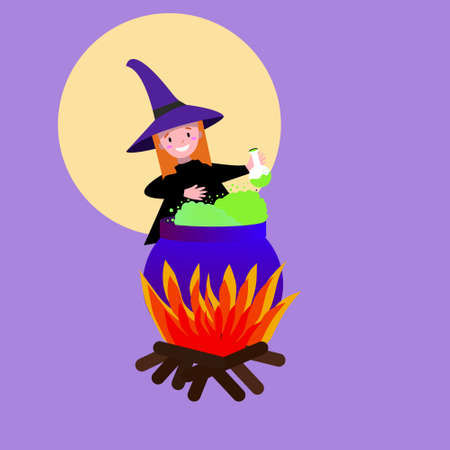 Happy Halloween. A girl in a witch costume is cooking a potion in a cauldron. The hat on his head. Vector illustration. The cauldron is on fire.のイラスト素材