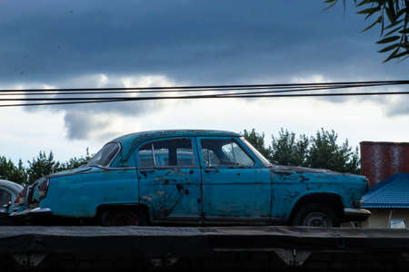 Old Soviet cars in disassembled condition, the body of old rare carsの写真素材