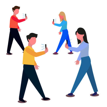 A guy and a girl go towards each other. A man and a woman look at their phones. Distance between people. Dependence on gadgetsのイラスト素材