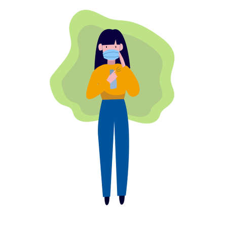 Vector illustration of a girl. A young girl stands in a medical mask and sprays antiseptic on her hand. Hand disinfection with gel and alcoholのイラスト素材