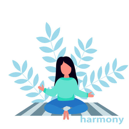 A girl is engaged in meditation on a rug on the floor. Vector flat illustration with abstract backgroundのイラスト素材