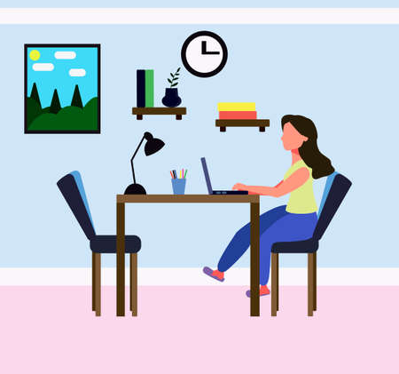 the girl works at the computer at home. Remote work. Vector illustration showing a freelancer or remote employeeのイラスト素材