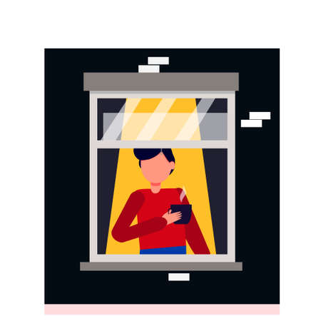 The concept of stay at home. The man looks out the window and holds a Cup of coffee. Social isolation during the epidemic. Vector illustration in flat styleのイラスト素材