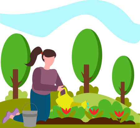 A girl is planting flowers in her garden. A girl watering planted flowers in the countryのイラスト素材