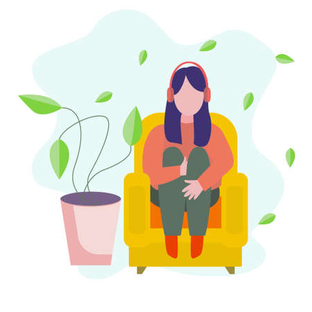 A young girl in headphones sits in a chair. A girl listens to music in a chair with headphones.のイラスト素材