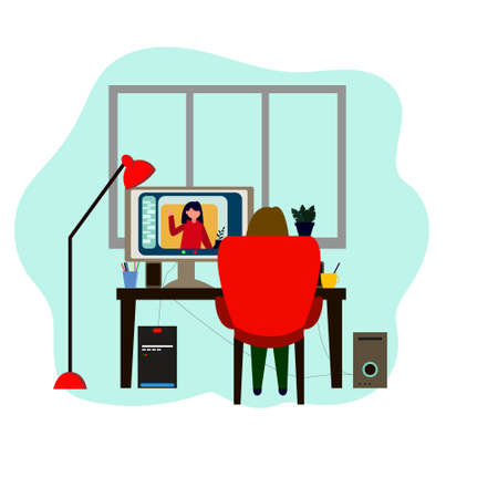 A girl communicates with a friend online using a computer. Remote communication on isolation. Remote...