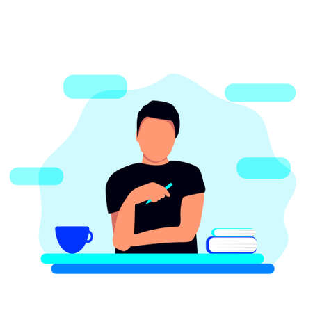 The boy works at the table at home. Remote work. Vector illustration showing a freelancer or remote employee.のイラスト素材