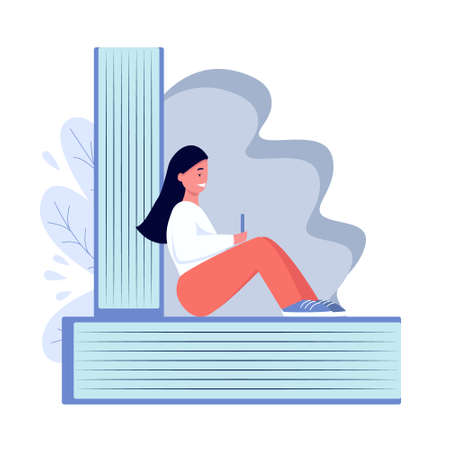 Young girl sitting and looking at smartphone, abstract background of books, girl sitting on a bookのイラスト素材