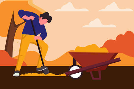 Man digging hole on the ground.Farmer digging hold on the ground. The cart with earth, autumn landscape, harvestingのイラスト素材