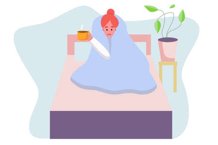 Woman suffering from headache flat character.Sick Woman. Hand drawn colored Vector illustration.のイラスト素材