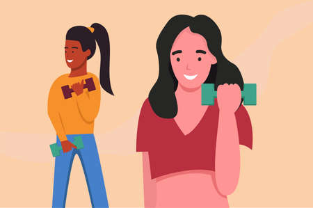 Two fitness girl with dumbbells. Fitness, gym, bodybuilding concept. Vector illustration.のイラスト素材