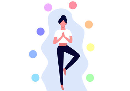 The girl sits and meditates. Wheel of life balance. Sphere of life. The concept of peace and tranquility.のイラスト素材