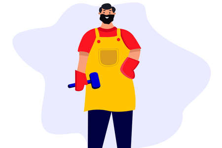 Professional Carpenters, men in Uniform Cutting Wooden Planks with Saw and Building Wooden.のイラスト素材