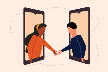 People talking on mobile phone. Bundle of men and women communicating through smartphone. Flat vector illustration.のイラスト素材