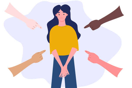 Vector illustration of social public condemnation of young woman. Sad or depressed young woman surrounded by hands with index fingers pointing at her.のイラスト素材