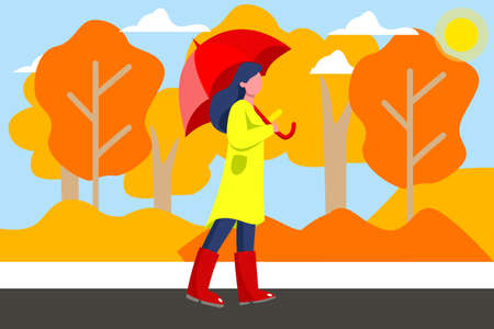 Girl on rainy day, Happy girl holding umbrella on rainy day.のイラスト素材