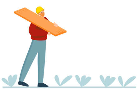 Smiling bearded carpenter holding wooden board. Vector flat illustration.のイラスト素材