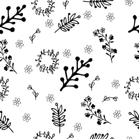 Floral seamless pattern with flowers, plants. Vector illustration in doodle styleのイラスト素材