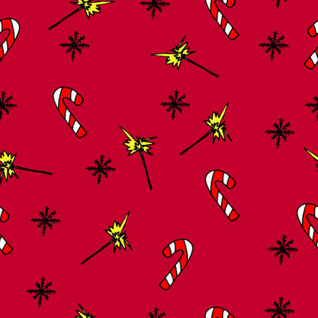 seamless new year pattern with sparklers and lollipops on a red background in Doodle styleのイラスト素材