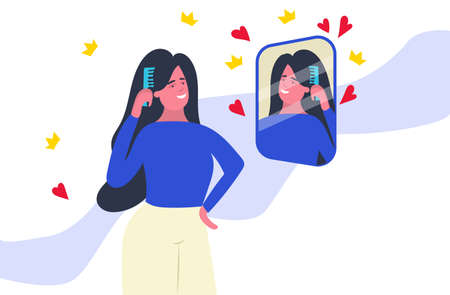 Cute girl standing in front of mirror combing hair. Woman making hairstyle by comb. Beauty care. Lifestyle vector illustration.のイラスト素材