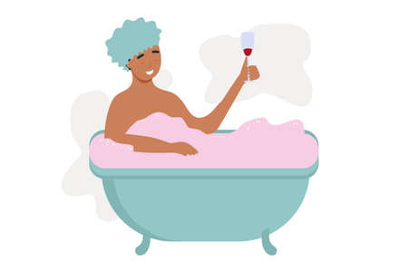 Woman character taking bath relaxing and drink wine. Vector flat flat simple illustrationのイラスト素材