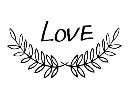 Single hand drawn logo with branches in the form of a semicircle and the inscription love. Doodle vector illustration. Isolated on a white background, black and white graphicsのイラスト素材