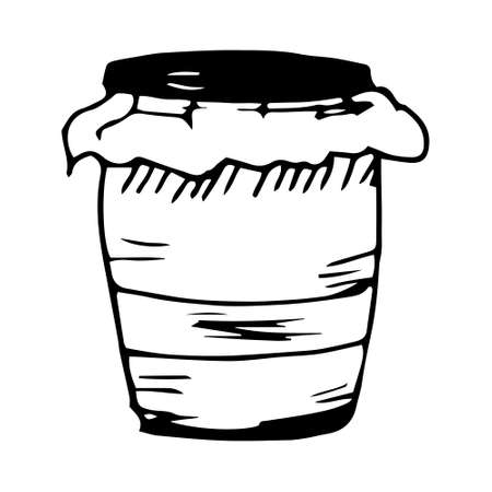 Single hand drawn jar of jam for children's illustration. Doodle vector illustration. Isolated on a white background, black and white graphicsのイラスト素材