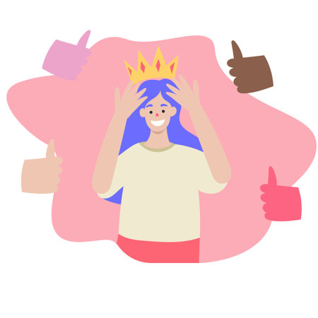 The girl on the head put on a crown, happy girl, get recognition. approval, get a like in social networks. Vector flat illustrationのイラスト素材