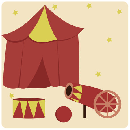 circus vector tent, circus cannon, circus drum. illustration on the theme of the circus for children's books, postcards, stickersのイラスト素材