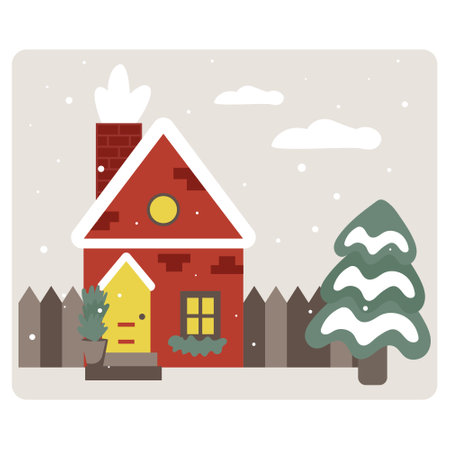 winter house with snow on the roof, fence and snow treeのイラスト素材