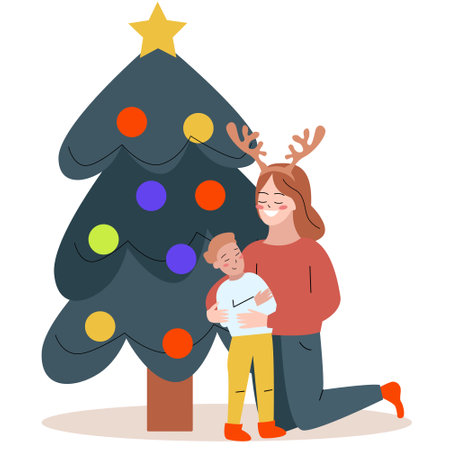mom and little son sitting near the Christmas treeのイラスト素材