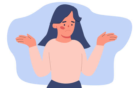 Woman throws up his hands. I do not know emoticon. I have not emotions. Flat vectorのイラスト素材
