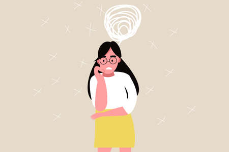 The girl is in a bad emotional state, confusion in the head, a lump of thoughts. The girl thinks about the problemsのイラスト素材