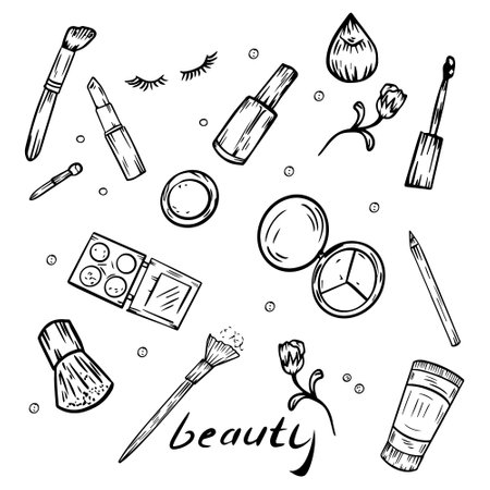 Vector set with cosmetics items hand-drawn in the style of black and white graphics, cosmetics, isolated items. Eye shadow, powder, rose, eyelashes, lipstickのイラスト素材