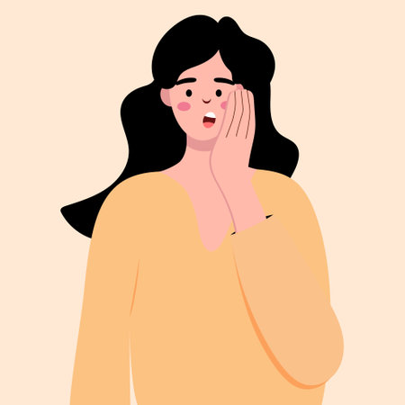surprised girl holds her hand to her face, mouth open in surprise, expression of surprise on her faceのイラスト素材